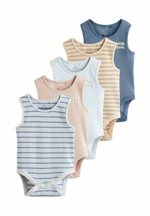 Five sleeveless bodysuits in pastel colors: blue, pink, beige, with patterns of stripes and solid colors. Made of a ribbed fabric.