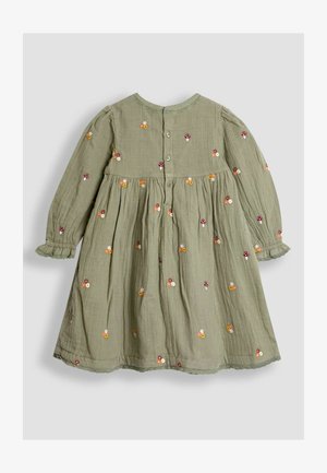 Helles grünes langärmliges Kleinkind-Kleid mit vorderen Knöpfen und gestickten Pilzen sowie kleinen orange, weißen und rosa Blumen.