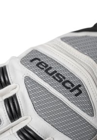 Reusch Torwarthandschuh aus strukturiertem grauem Synthetikmaterial mit weißen Akzenten, schwarzen Details und dem markant präsentierten Markenlogo.