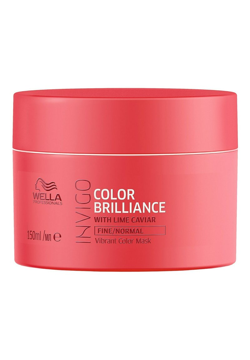 Wella Invigo Color Brilliance levendige kleurmasker in een ronde, rode plastic container met een gladde textuur; 150ml capaciteit; gelabeld voor fijn/normaal haar.