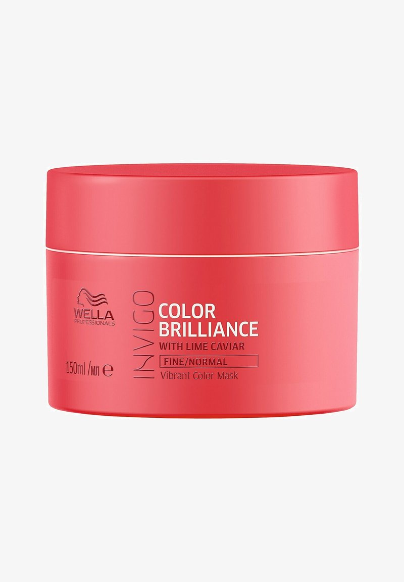 Wella Invigo Color Brilliance levendige kleurmasker in een ronde, rode plastic container met een gladde textuur; 150ml capaciteit; gelabeld voor fijn/normaal haar.