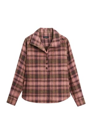 Camicia a maniche lunghe con bottoni, in motivo a quadri rosa e marrone, con collo ampio e quattro bottoni frontali, stesa piatta su sfondo bianco.