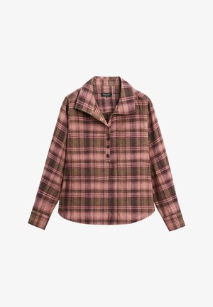 Long-sleeve button-up shirt in pink and brown plaid with wide collar and four front buttons, laid flat on a white background.