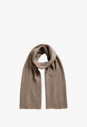 Sciarpa in maglia beige con una texture a costine e un motivo diagonale. Il tessuto liscio si adagia a loop, mettendo in risalto la sua lunghezza e flessibilità.