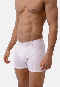 Boxer panni bianchi realizzati in tessuto morbido e elasticizzato con un cinturino testurizzato che presenta un logo e un piccolo dettaglio decorativo.