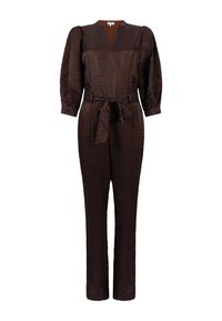 Bruin jumpsuit met een gestructureerde afwerking, voorzien van een diepe V-hals, lange mouwen en een bijpassende riem in de taille. Getailleerde pasvorm met rechte pijpen.