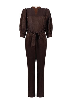 Bruin jumpsuit met een gestructureerde afwerking, voorzien van een diepe V-hals, lange mouwen en een bijpassende riem in de taille. Getailleerde pasvorm met rechte pijpen.