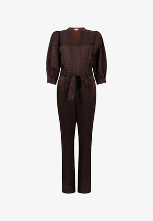 Bruin jumpsuit met een gestructureerde afwerking, voorzien van een diepe V-hals, lange mouwen en een bijpassende riem in de taille. Getailleerde pasvorm met rechte pijpen.