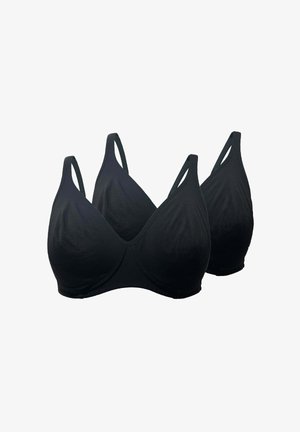 Due reggiseni neri con coppe morbide, spalline regolabili, senza ferretto, su sfondo bianco.