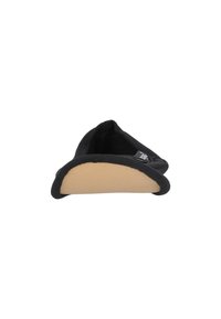 Svart slip-on sko med rund tå och mjukt tygöverdrag, med en beige gummisula för bra grepp och hållbarhet.