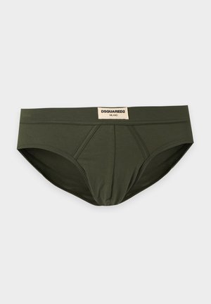 Slip homme vert olive avec surpiqûres sur le panneau avant et une étiquette blanche portant l’inscription DSQUARED2 MILANO sur la ceinture.
