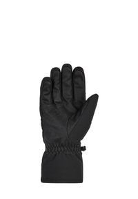 Black gloves made of leather and fabric, featuring a snug fit with a gathered wrist and five finger design for enhanced dexterity.
