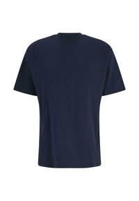 Mørkeblå bomulds T-shirt med rund hals, korte �ærmer og afslappet pasform; har subtile logo detaljer på venstre ærme.