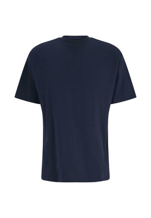 Navy blue cotton t-paita, jossa on pyöreä kaula-aukko, lyhyet hihat ja rento muotoilu; sisältää huomaamattoman logotiedon vasemmassa hihassa.