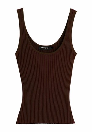 Ærmeløs, ribstrikket tanktop i mørkebrun med rund halsudskæring og Desigual-mærke indeni kraven, størrelse medium.