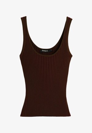 Ærmeløs, ribstrikket tanktop i mørkebrun med rund halsudskæring og Desigual-mærke indeni kraven, størrelse medium.
