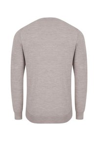 Jasnoszary sweter z długimi rękawami, okrągłym dekoltem, prążkowanymi mankietami i dołem. Wykonany z miękkiej, gładkiej dzianiny. Bez wzorów i akcentów.