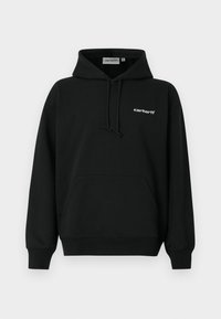 Sudadera negra con capucha que incluye un bolsillo frontal, capucha con cordón y un discreto logo blanco en el pecho. Confeccionada con tela suave y puños acanalados.
