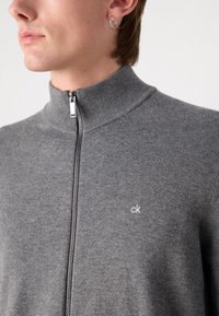 Sweat-shirt zippé gris avec col montant, texture côtelée et petit logo sur la poitrine, comprenant un détail de fermeture éclair en argent.