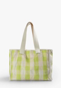 Borsa a tracolla verde e crema a quadri, realizzata in tessuto, dotata di due manici crema e una forma rettangolare strutturata. Senza hardware visibile.