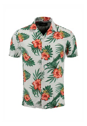 Kurzarm-Hemd mit Knopfleiste, verziert mit roten Hibiskusblüten und grünen tropischen Blättern auf einem hellgrauen Hintergrund.