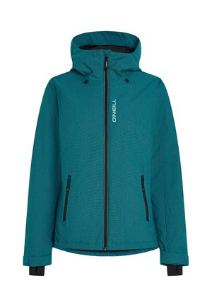Zielona kurtka O'Neill z zamkiem z przodu, regulowanym kapturem i czarnymi kieszeniami na zamek. Teksturowany materiał z kontrastującymi akcentami kolorystycznymi.