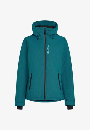 Zielona kurtka O'Neill z zamkiem z przodu, regulowanym kapturem i czarnymi kieszeniami na zamek. Teksturowany materiał z kontrastującymi akcentami kolorystycznymi.