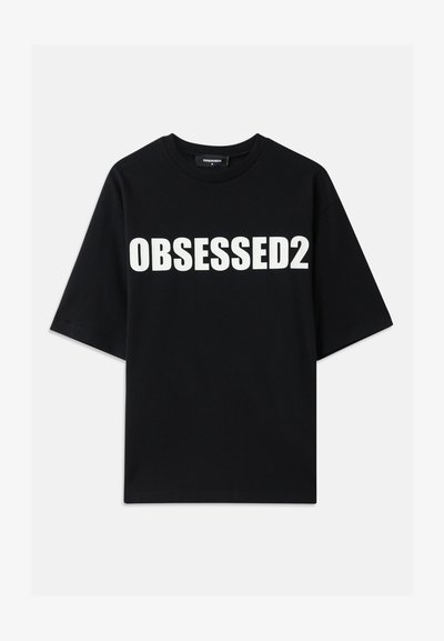Black cotton t-shirt featuring large white "OBSESSED2" text on the front, crew neckline, and short sleeves. Standard fit with smooth texture.