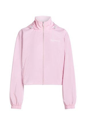 Veste à capuche rose clair zippée avec poignets élastiques et poches avant, arborant un petit texte blanc sur le côté gauche de la poitrine.