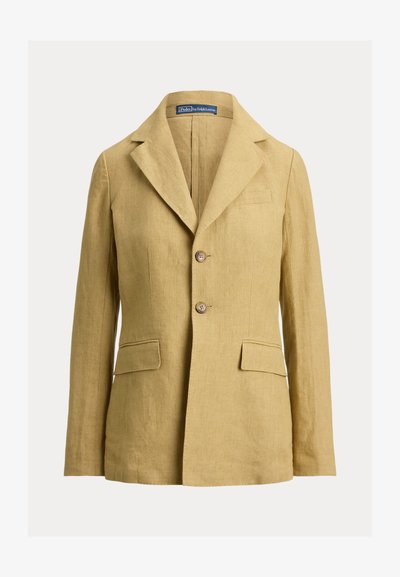 Beežist linast bleiserit nurgaga revääridega, kahe esipõllega, kahe nupuga ja rinnataskuga, silt "Polo by Ralph Lauren".