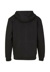 Sudadera con capucha negra de textura suave, puños acanalados y bolsillo tipo canguro. Presenta un diseño simple y limpio sin gráficos.