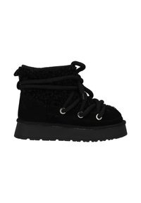 Black suede ankle boots with a textured knit upper. Features thick black laces and metal eyelets. Chunky black rubber sole.