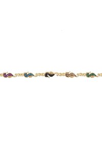 Gold bracelet featuring colorful seahorse charms in purple, blue, black, and green with intricate details and decorative accents.