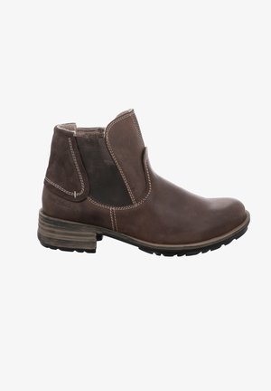 Botte de cheville en cuir marron avec une finition légèrement texturée, des panneaux latéraux élastiques et un talon empilé ; présente des détails de pointillés blancs.