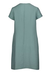 Vestido de manga corta en tejido verde claro, que presenta un diseño sencillo de línea A, con una superficie ligeramente texturizada y un cierre de cremallera en la parte posterior central.