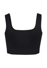 Czarny prążkowany krótki top z szerokimi ramiączkami i kwadratowym dekoltem, dopasowany fason.