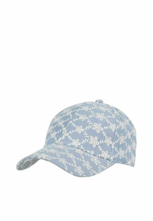 Hellblaues Baseball-Cap mit weißen, bestickten Blumenmustern, die die gesamte Oberfläche bedecken.