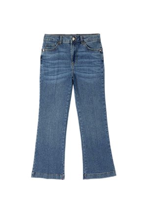 Blue denim jeans with a straight-leg cut, front button, zipper closure, and five-pocket design on a white background.