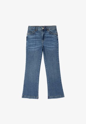 Blauwe spijkerbroek met rechte pijpen, knoopsluiting aan de voorkant, ritssluiting en ontwerpmotief met vijf zakken op een witte achtergrond.