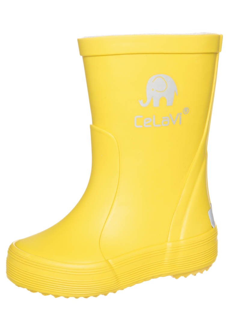 Bottes de pluie en caoutchouc jaunes avec une texture lisse, bout arrondi et un logo d'éléphant blanc. Elles présentent une semelle striée et un accent latéral pour le design.