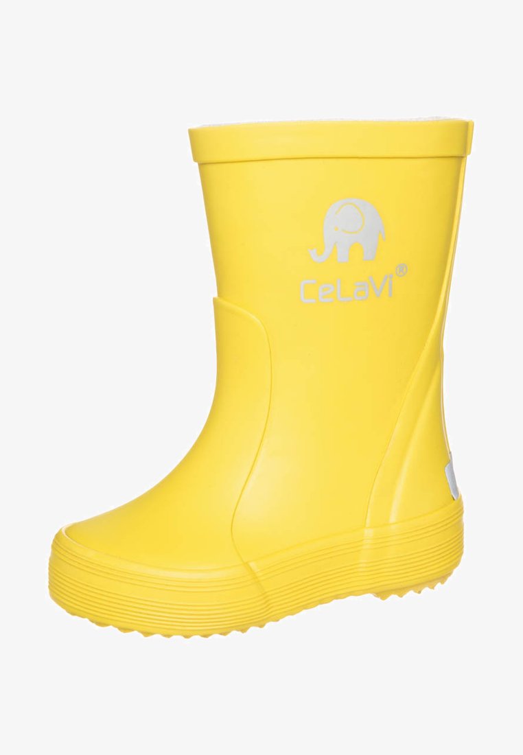 Bottes de pluie en caoutchouc jaunes avec une texture lisse, bout arrondi et un logo d'éléphant blanc. Elles présentent une semelle striée et un accent latéral pour le design.