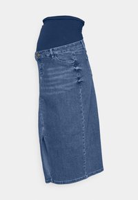 Saia de maternidade em denim com uma cintura elástica de tom azul escuro. Apresenta um corte reto, comprimento até ao joelho e fendas laterais discretas para facilitar o movimento.