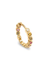 Boucle d'oreille en or avec un design texturé, ornée de diverses pierres semi-précieuses colorées disposées le long du bord extérieur. Forme compacte et circulaire.