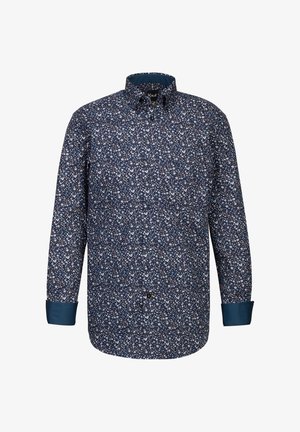 Camicia floreale con bottoni e maniche lunghe; sfondo navy con piccoli fiori bianchi, azzurri e arancioni; polsini a tinta unita in contrasto.