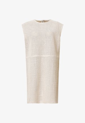 Lekka, bezrękawnikowa sukienka wykonana z kremowej perforowanej tkaniny. Posiada okrągły dekolt i opada prosto do połowy uda, bez dodatkowych zdobień.