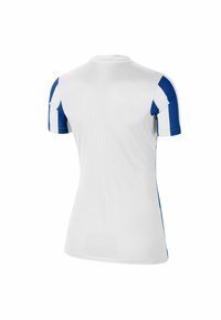 Maglietta sportiva a maniche corte in tessuto a rete bianco con accenti blu sulle spalle e ai lati; design aderente con scollatura rotonda.