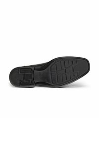 Sole in pelle nera con gomma stampata, presenta scanalature orizzontali e verticali per la presa, e dettagli con logo impresso.