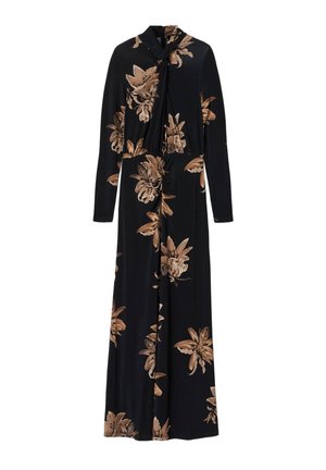 Black long-sleeve maxi dress with large brown floral print and gathered detail below the neckline extending to the waist.