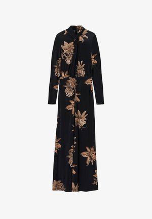 Robe maxi noire à manches longues avec grand imprimé floral marron et détail froncé sous l'encolure s'étendant jusqu'à la taille.