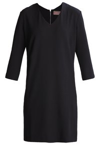 Mustat, polvimittaiset mekko v-mallisella kaula-aukolla, kolmivartiset hihat ja vetoketju takana. Sujuva pinta ja minimalistinen muotoilu.